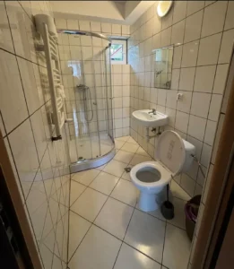 Łazienka z kabiną prysznicową, umywalką, WC i grzejnikiem na ręczniki